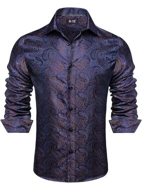 Hi-Tie Men's Silk Purple Paisley Jacquard Long Sleeve Button Down 3XL
